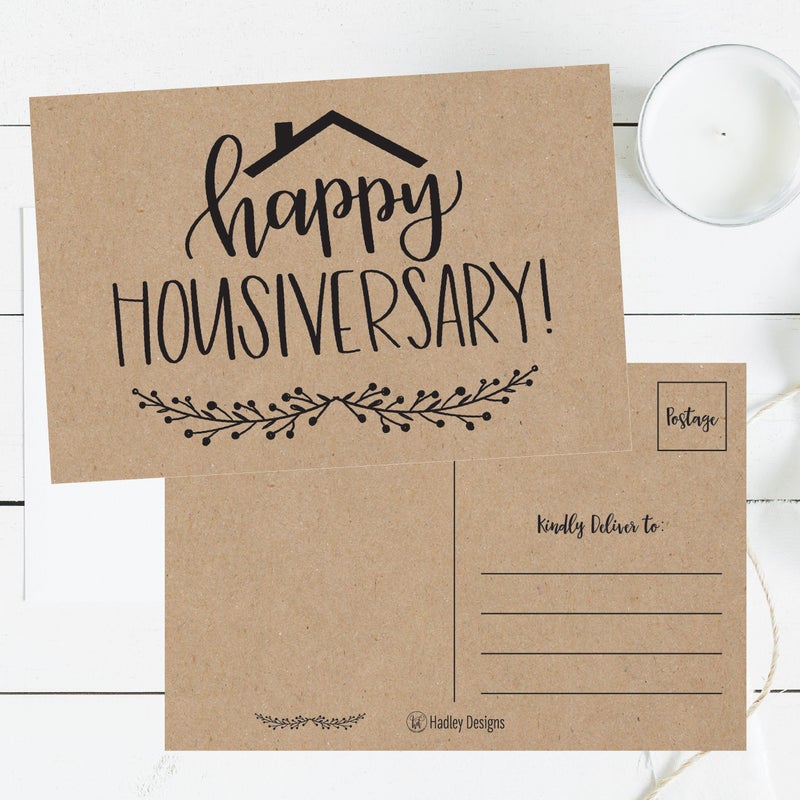 Hadley Designs 25 Kraft Happy Home Anniversary Realtor Cards, Blank Greeting House Postcards, Bulk Real Estate Thank You Notes, Welcome Home Realtor Gifts Stationery, New Realtor Gifts for Clients - Image 4
